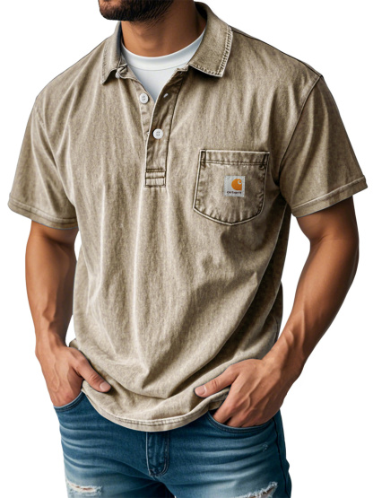 Carhartt Men's Retro Lapel Button Pocket Casual Short Sleeve POLO Shirt