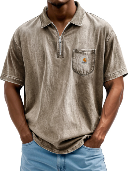 Carhartt Men's Fashion Retro Lapel Zipper Casual Short Sleeve POLO Shirt
