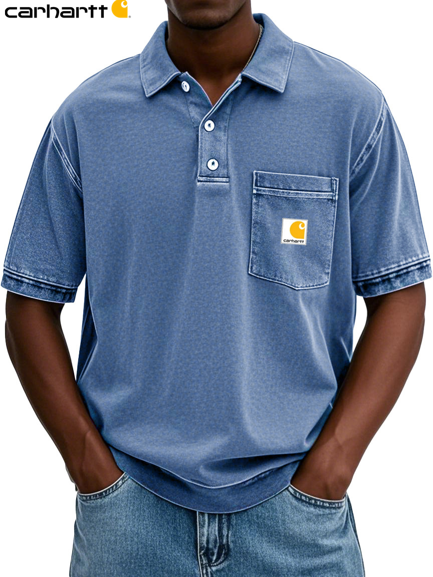 Carhartt Men's Fashion Retro Distressed Lapel Pocket Short-sleeved Polo Shirt
