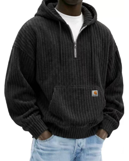 Heavyweight Corduroy Men's Hoodie – Solid Color, Relaxed Fit, Zip-Up Sweatshirt