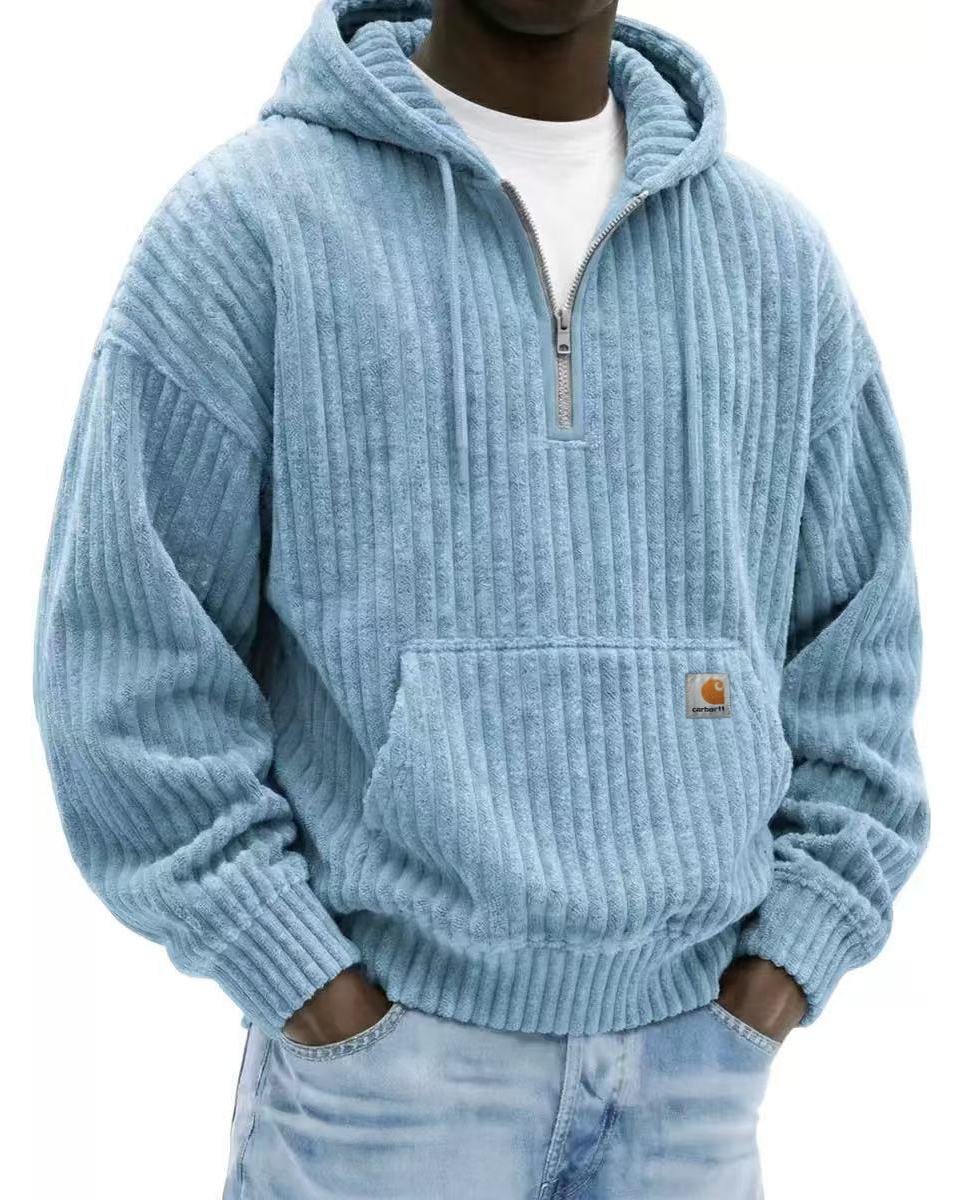 Heavyweight Corduroy Men's Hoodie – Solid Color, Relaxed Fit, Zip-Up Sweatshirt