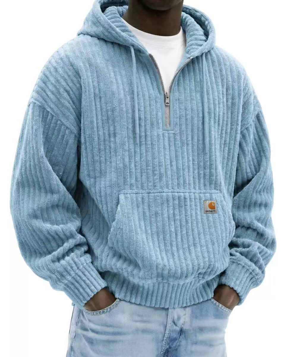 Heavyweight Corduroy Men's Hoodie – Solid Color, Relaxed Fit, Zip-Up Sweatshirt