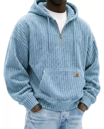 Heavyweight Corduroy Men's Hoodie – Solid Color, Relaxed Fit, Zip-Up Sweatshirt