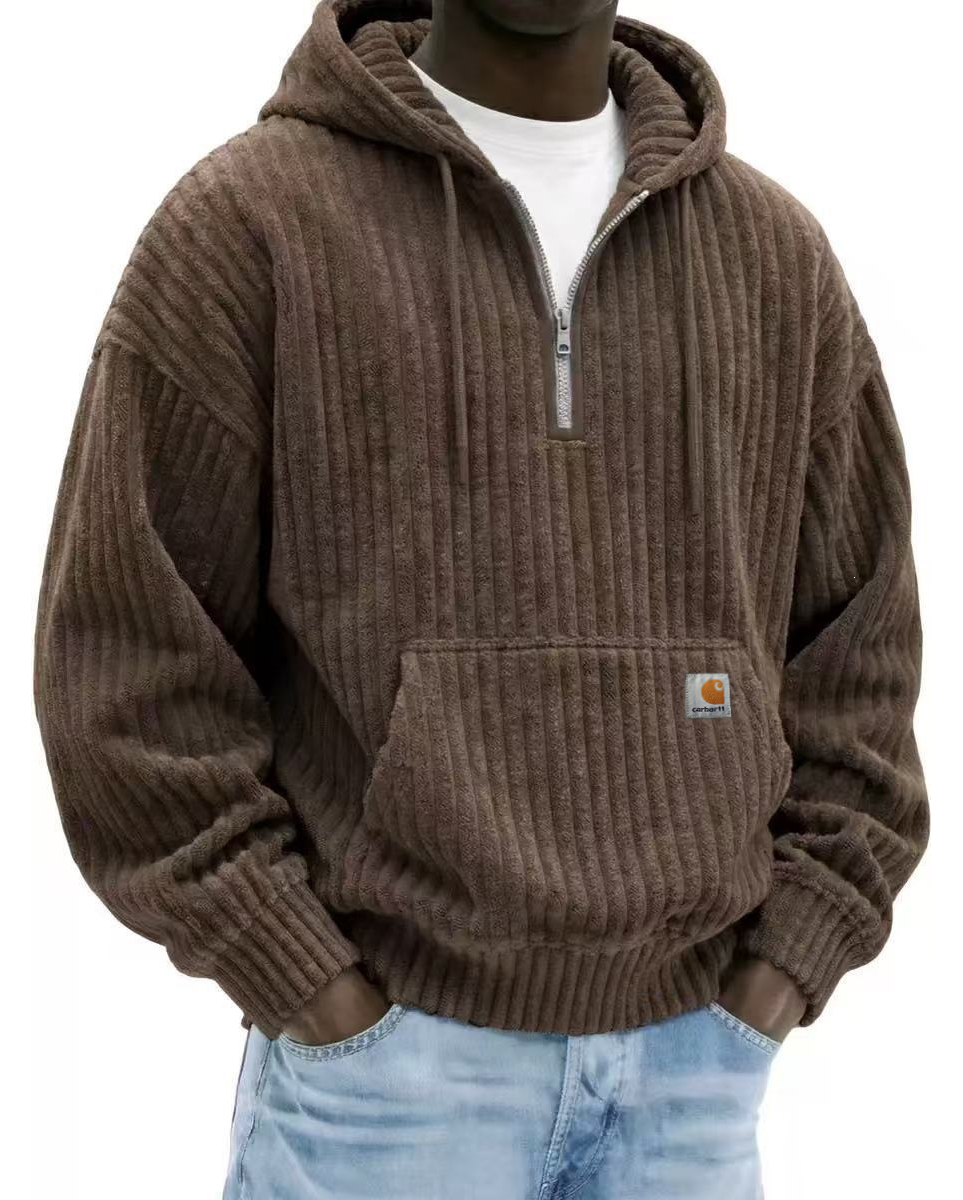 Heavyweight Corduroy Men's Hoodie – Solid Color, Relaxed Fit, Zip-Up Sweatshirt