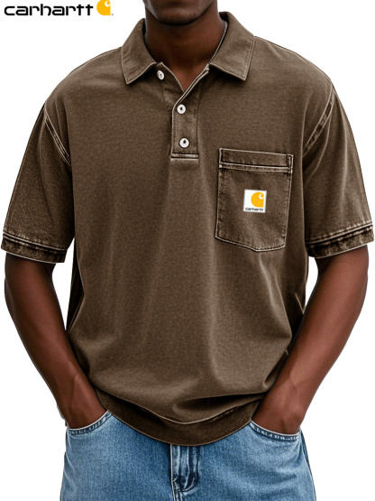 Carhartt Men's Fashion Retro Distressed Lapel Pocket Short-sleeved Polo Shirt
