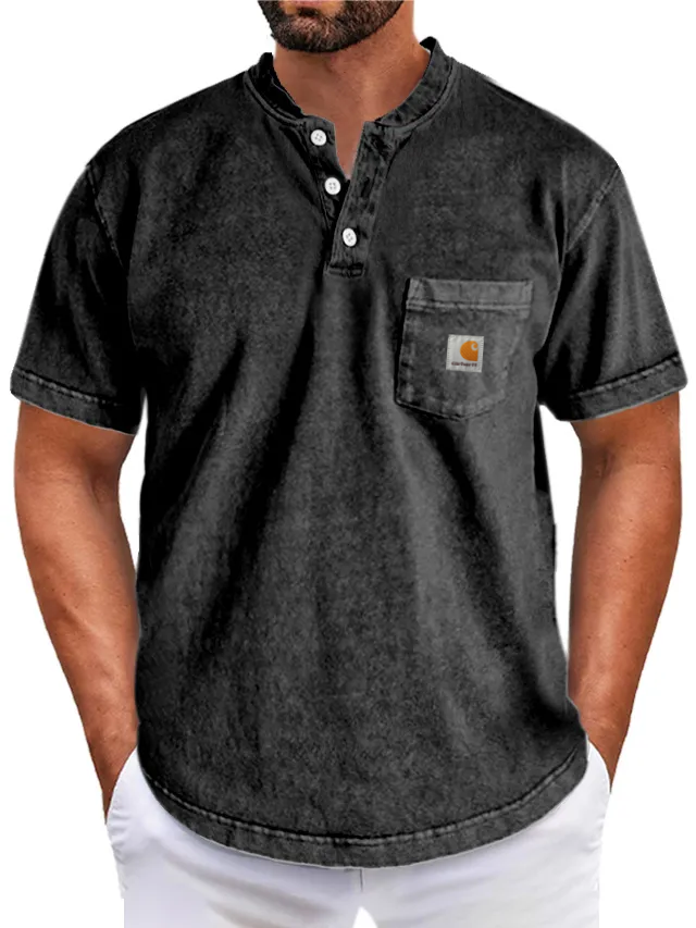 Carththartt Men's Retro Simple Solid Color Short Sleeve Henley Shirt