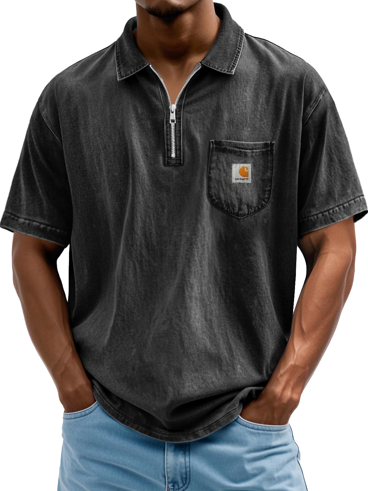 Carhartt Men's Fashion Retro Lapel Zipper Casual Short Sleeve POLO Shirt