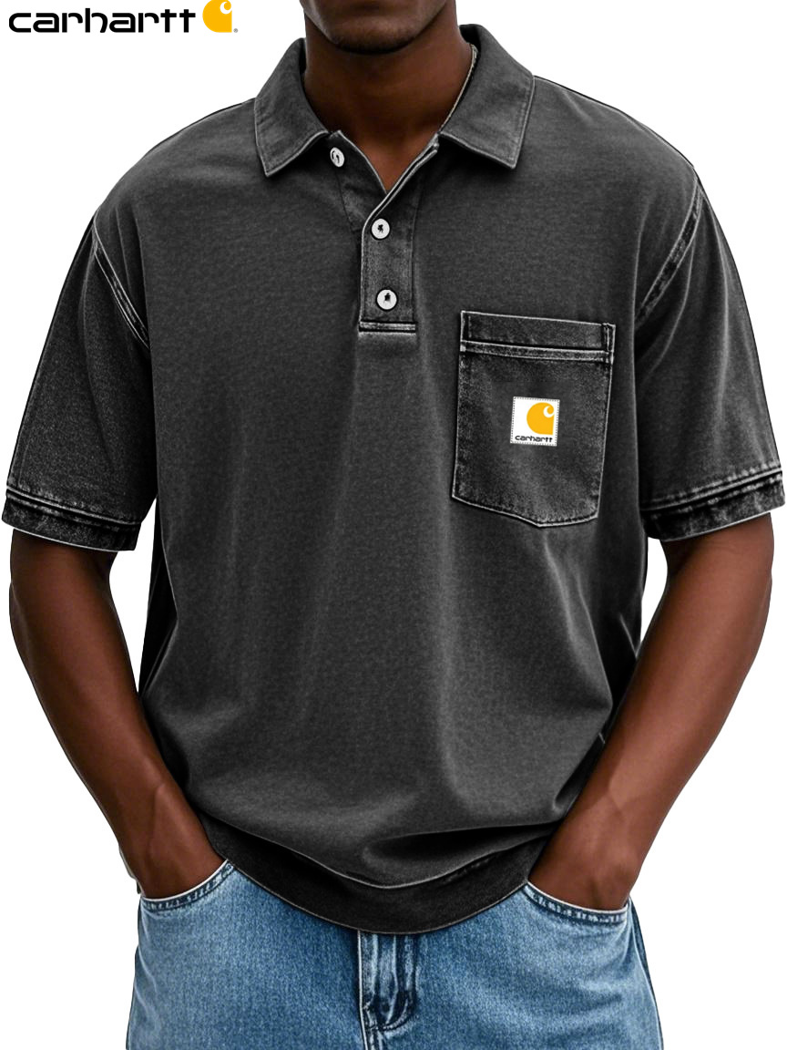 Carhartt Men's Fashion Retro Distressed Lapel Pocket Short-sleeved Polo Shirt