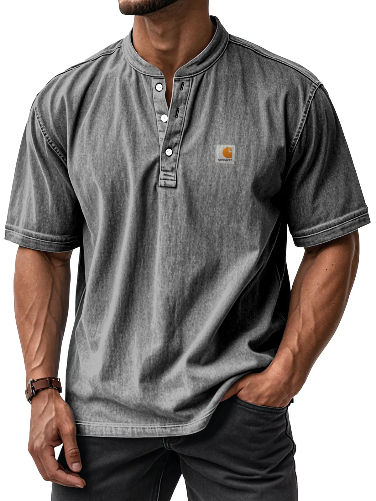 Carhartt Men's Casual Solid Color Vintage Loose Short Sleeve Button-down Henley Shirt