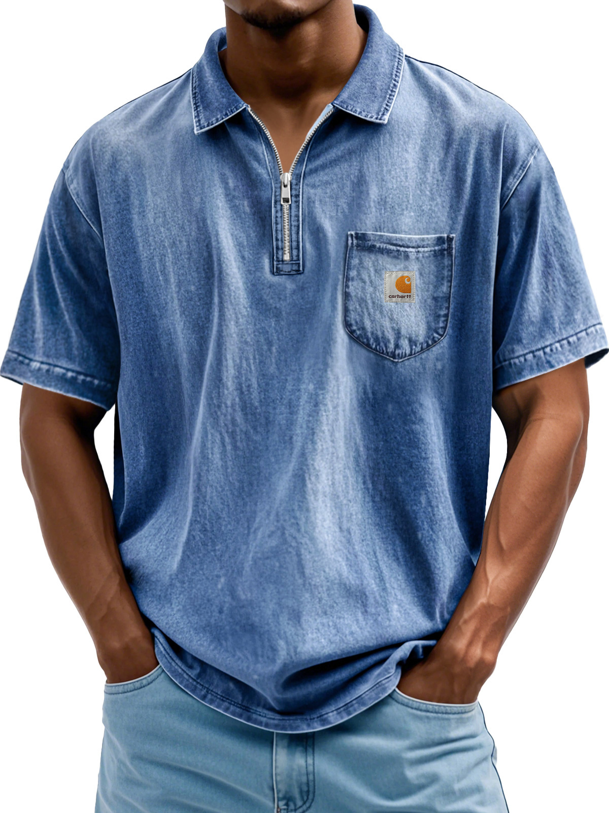 Carhartt Men's Fashion Retro Lapel Zipper Casual Short Sleeve POLO Shi