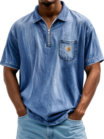 Carhartt Men's Fashion Retro Lapel Zipper Casual Short Sleeve POLO Shirt