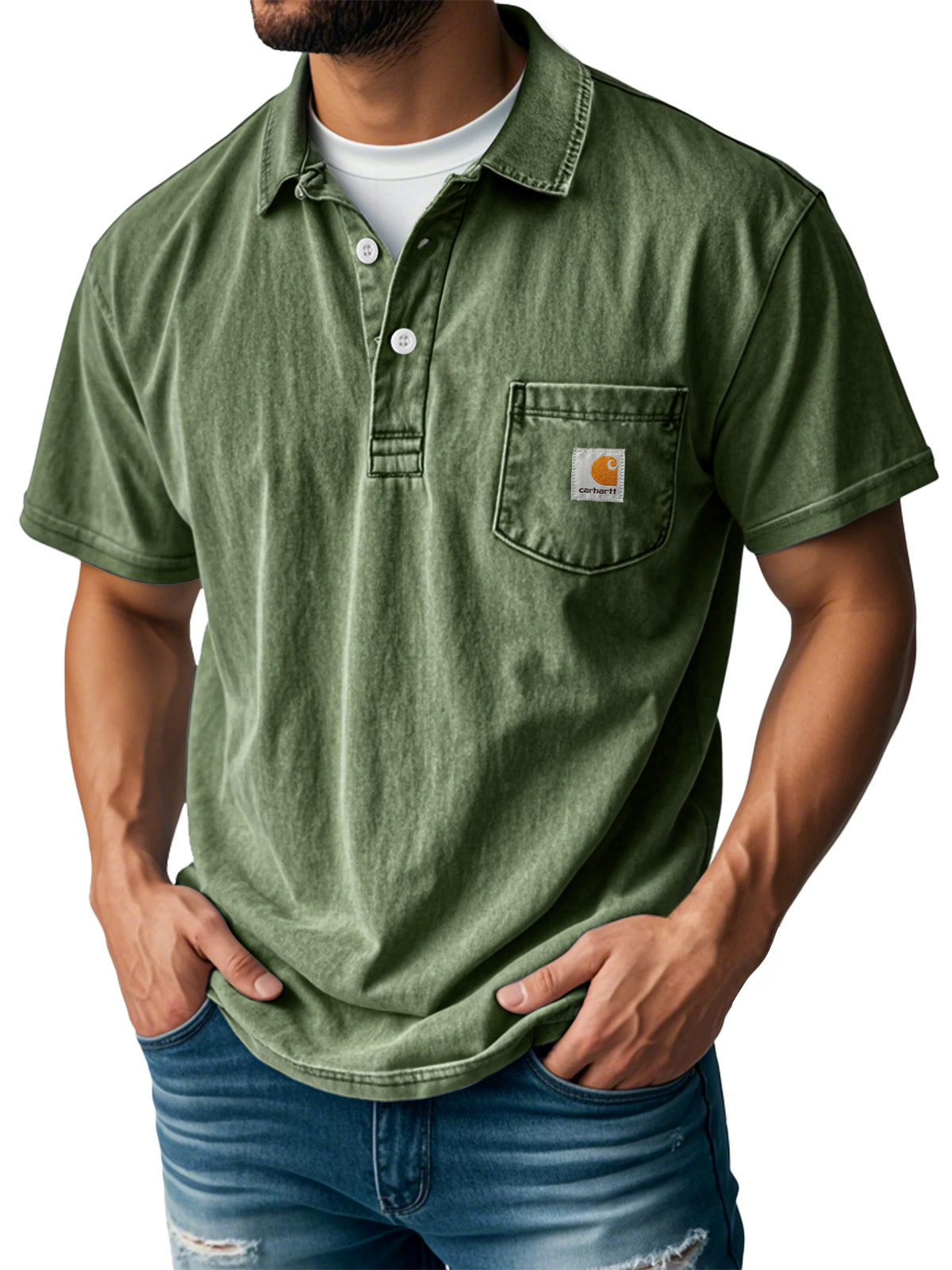 Carhartt Men's Retro Lapel Button Pocket Casual Short Sleeve POLO Shirt