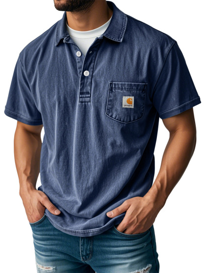 Carhartt Men's Retro Lapel Button Pocket Casual Short Sleeve POLO Shirt