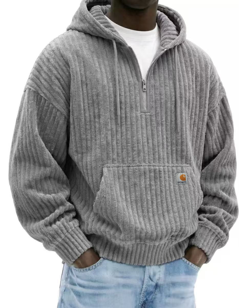 Heavyweight Corduroy Men's Hoodie – Solid Color, Relaxed Fit, Zip-Up Sweatshirt