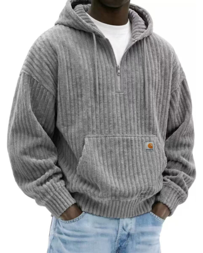Heavyweight Corduroy Men's Hoodie – Solid Color, Relaxed Fit, Zip-Up Sweatshirt
