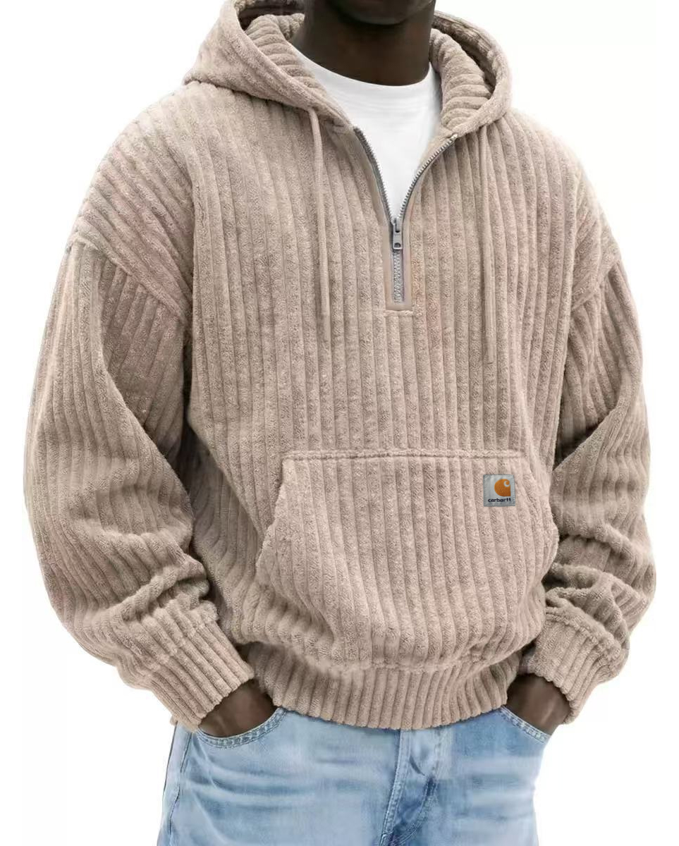 Heavyweight Corduroy Men's Hoodie – Solid Color, Relaxed Fit, Zip-Up Sweatshirt