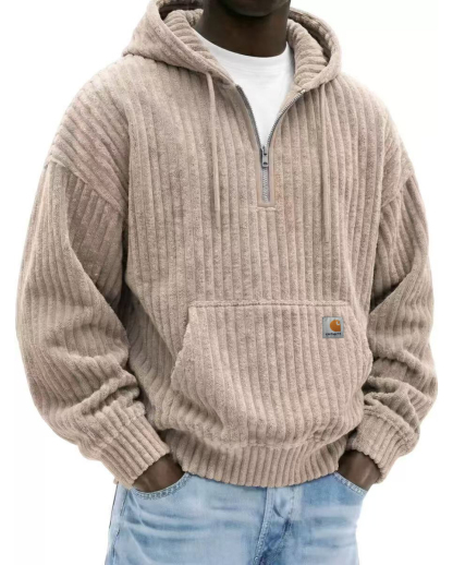 Heavyweight Corduroy Men's Hoodie – Solid Color, Relaxed Fit, Zip-Up Sweatshirt