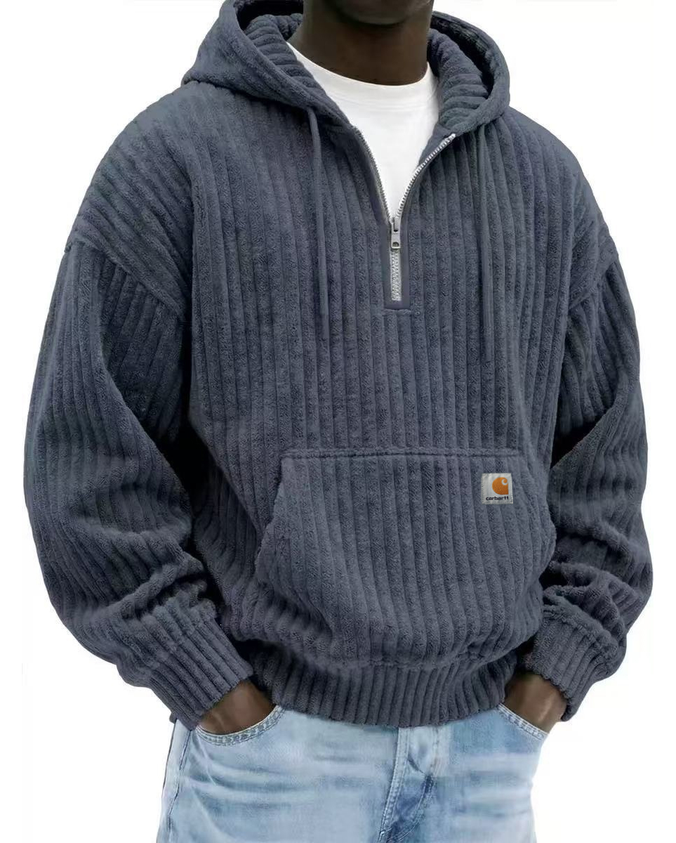 Heavyweight Corduroy Men's Hoodie – Solid Color, Relaxed Fit, Zip-Up Sweatshirt