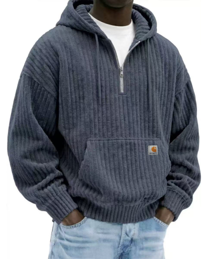 Heavyweight Corduroy Men's Hoodie – Solid Color, Relaxed Fit, Zip-Up Sweatshirt