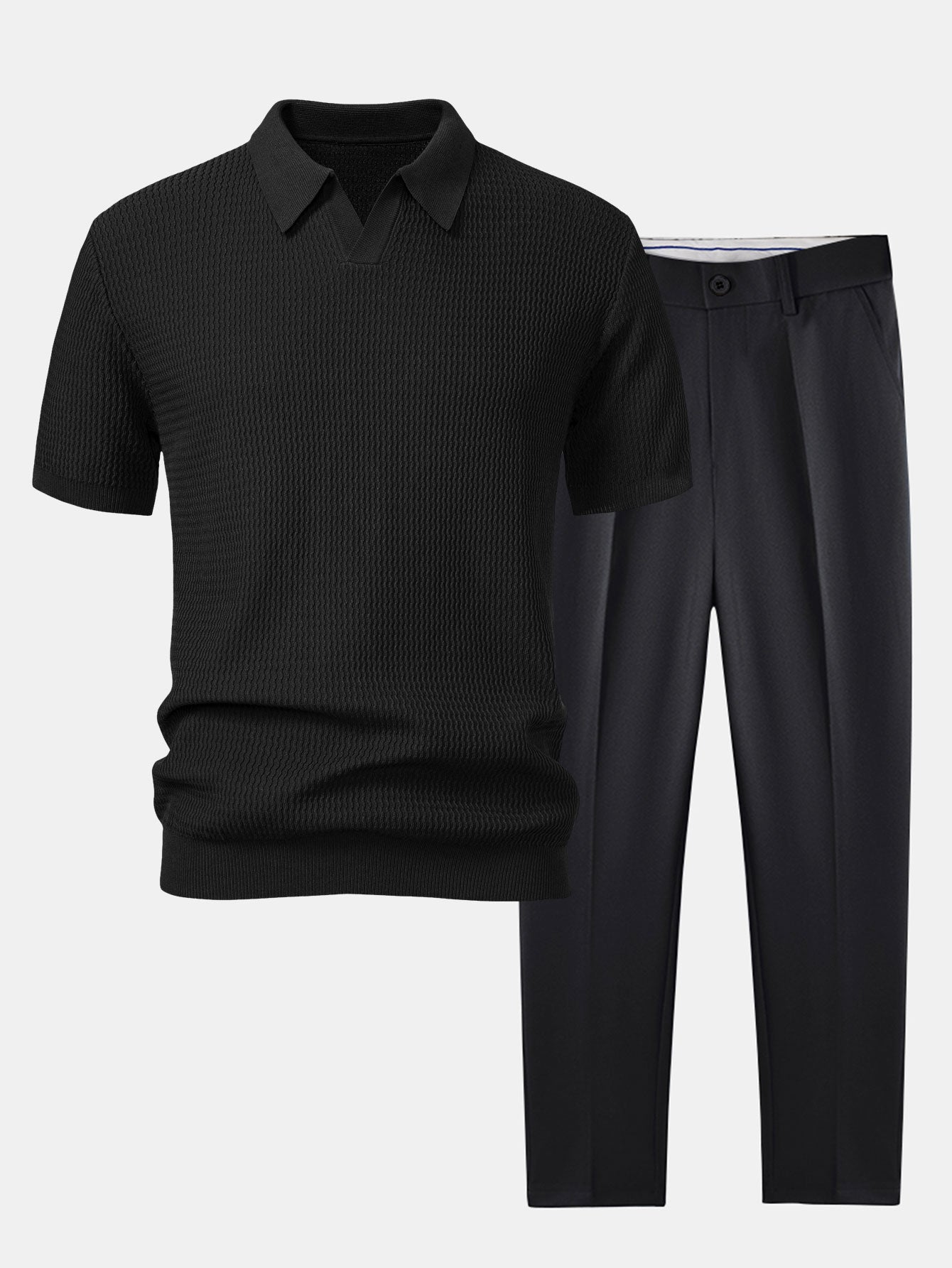 Wave Jacquard Knit V Neck Polo Shirt & Slim Fit Tapered Trousers