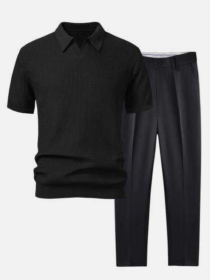 Wave Jacquard Knit V Neck Polo Shirt & Slim Fit Tapered Trousers