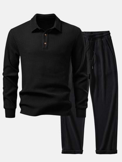 Long Sleeved Knitted Waffle Polo Shirt & Drawstring Knitted Waffle Pants