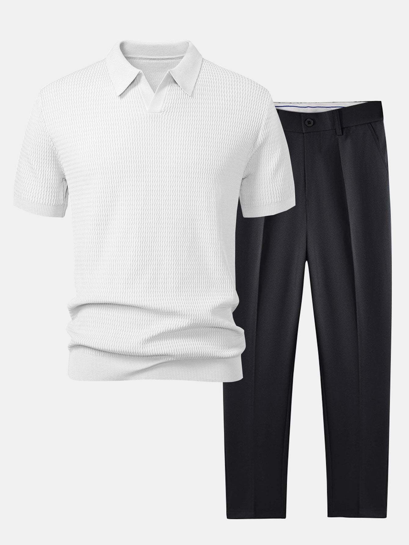 Wave Jacquard Knit V Neck Polo Shirt & Slim Fit Tapered Trousers