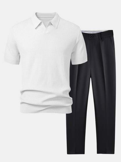 Wave Jacquard Knit V Neck Polo Shirt & Slim Fit Tapered Trousers