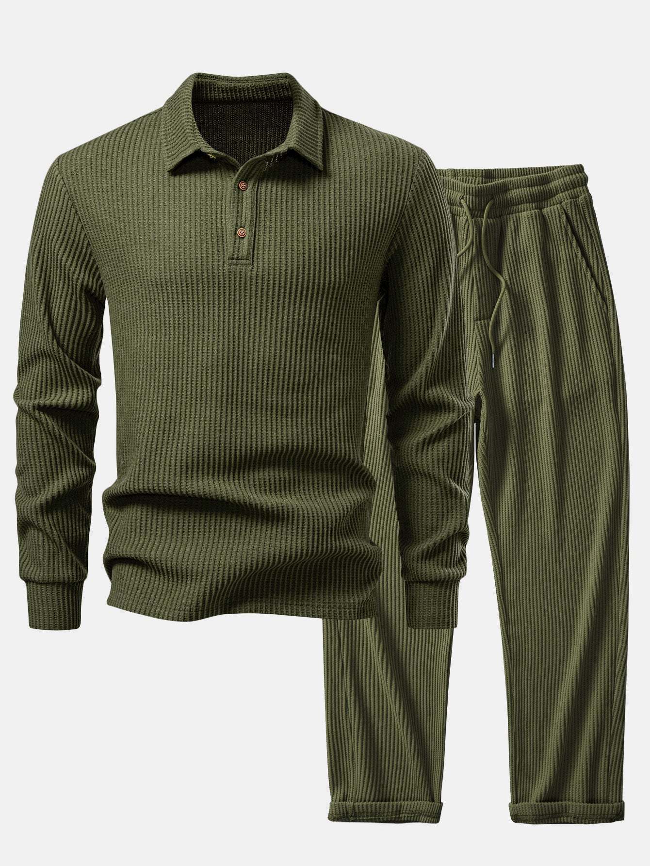 Long Sleeved Knitted Waffle Polo Shirt & Drawstring Knitted Waffle Pants