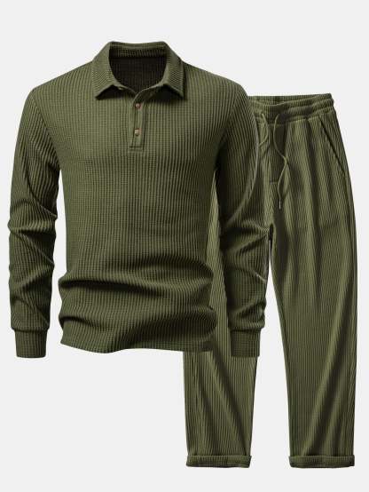 Long Sleeved Knitted Waffle Polo Shirt & Drawstring Knitted Waffle Pants