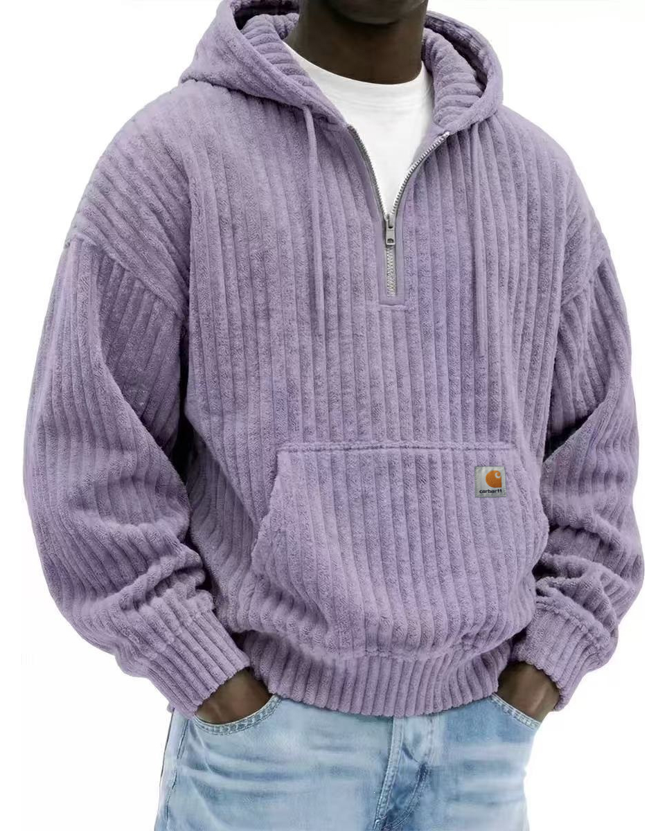 Heavyweight Corduroy Men's Hoodie – Solid Color, Relaxed Fit, Zip-Up Sweatshirt