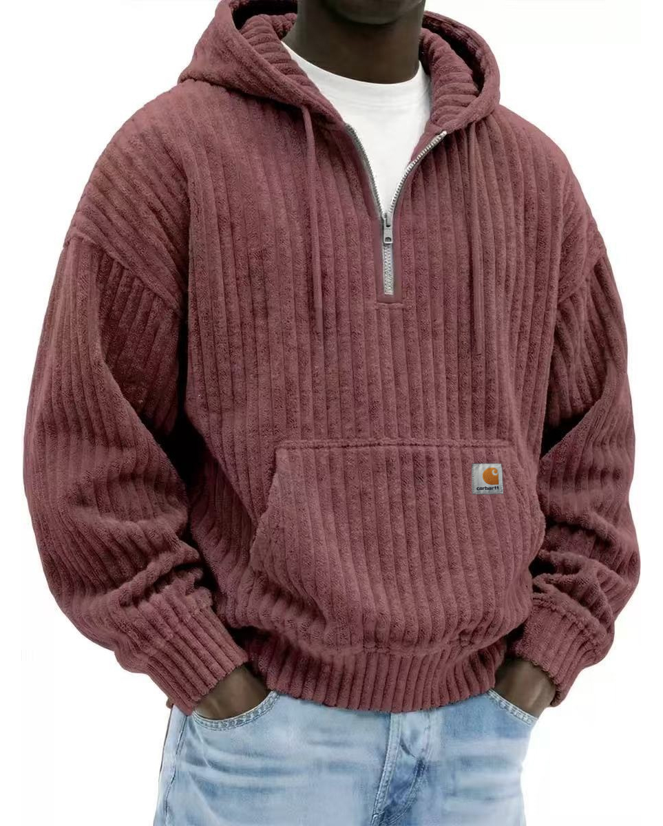 Heavyweight Corduroy Men's Hoodie – Solid Color, Relaxed Fit, Zip-Up Sweatshirt