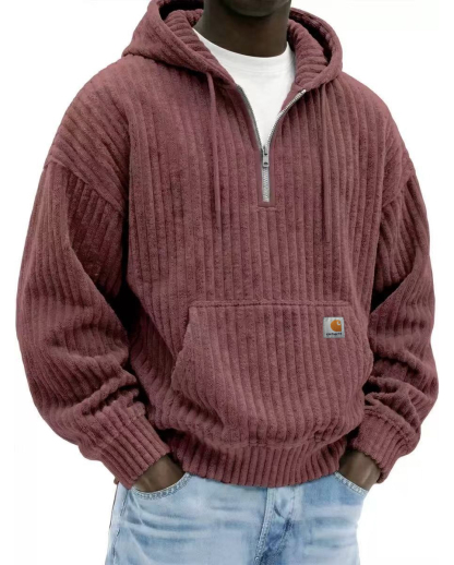 Heavyweight Corduroy Men's Hoodie – Solid Color, Relaxed Fit, Zip-Up Sweatshirt