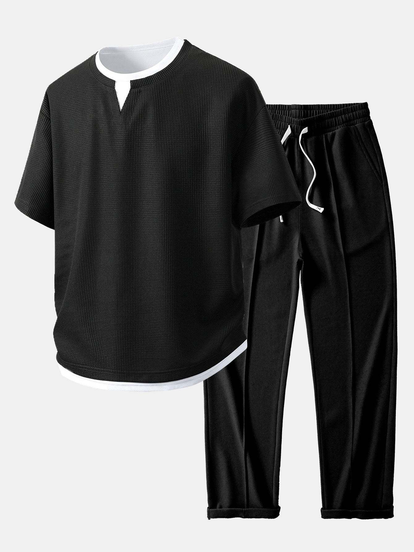 Relax Fit 2 In 1 Notched Collar Waffle T-Shirt & Waffle Pleated Pintuck Straight Leg Pants
