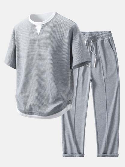 Relax Fit 2 In 1 Notched Collar Waffle T-Shirt & Waffle Pleated Pintuck Straight Leg Pants