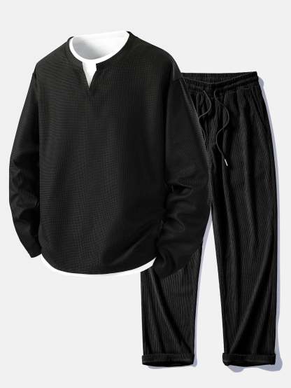 Relax Fit Long Sleeve 2 In 1 Waffle T-Shirt & Straight Leg Corduroy Pants