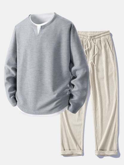Relax Fit Long Sleeve 2 In 1 Waffle T-Shirt & Straight Leg Corduroy Pants