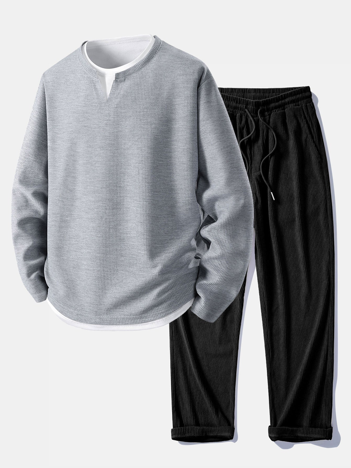 Relax Fit Long Sleeve 2 In 1 Waffle T-Shirt & Straight Leg Corduroy Pants