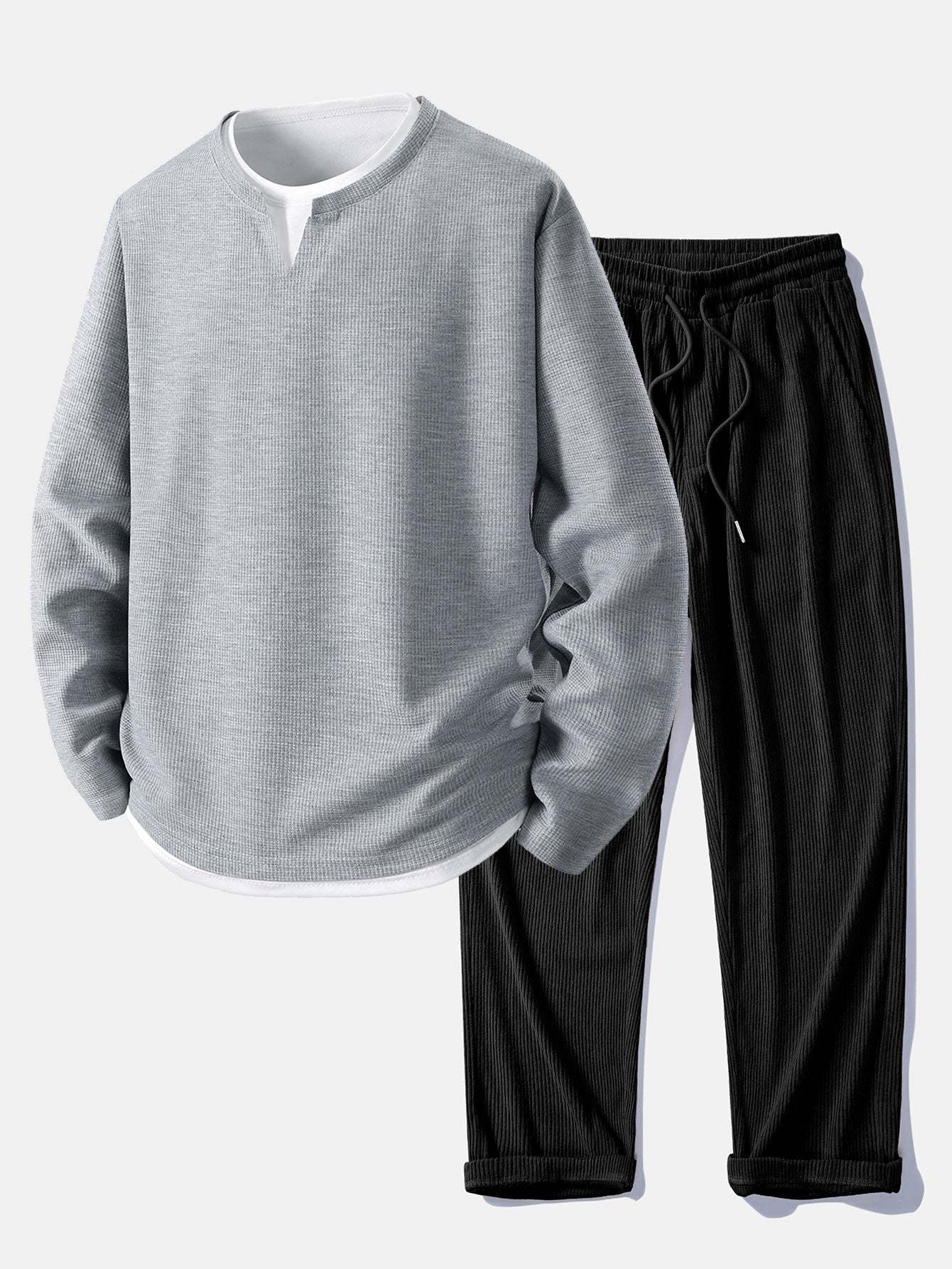 Relax Fit Long Sleeve 2 In 1 Waffle T-Shirt & Straight Leg Corduroy Pants