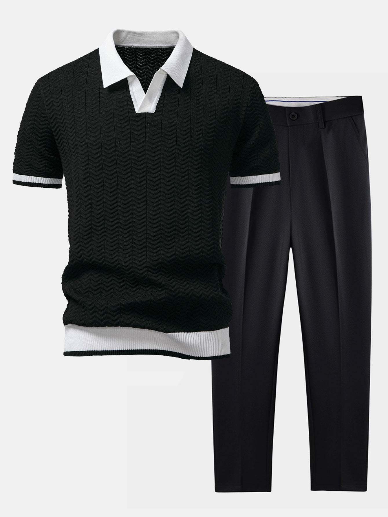Texture Contrast Knitted V Neck Polo Shirt & Slim Fit Tapered Trousers