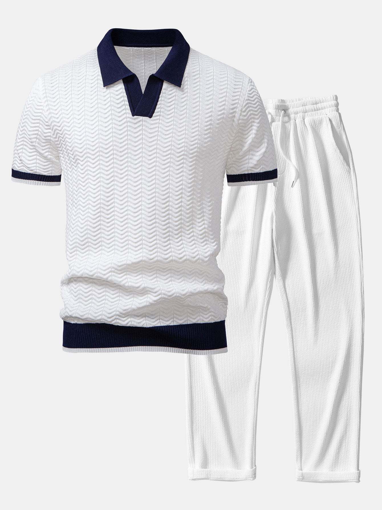 Texture Contrast Knitted V Neck Polo Shirt & Straight Leg Ribbed Pants