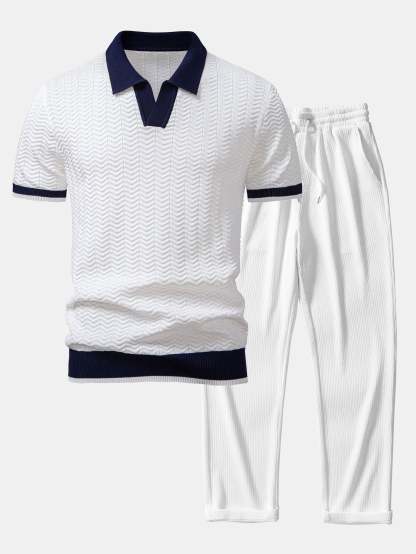 Texture Contrast Knitted V Neck Polo Shirt & Straight Leg Ribbed Pants
