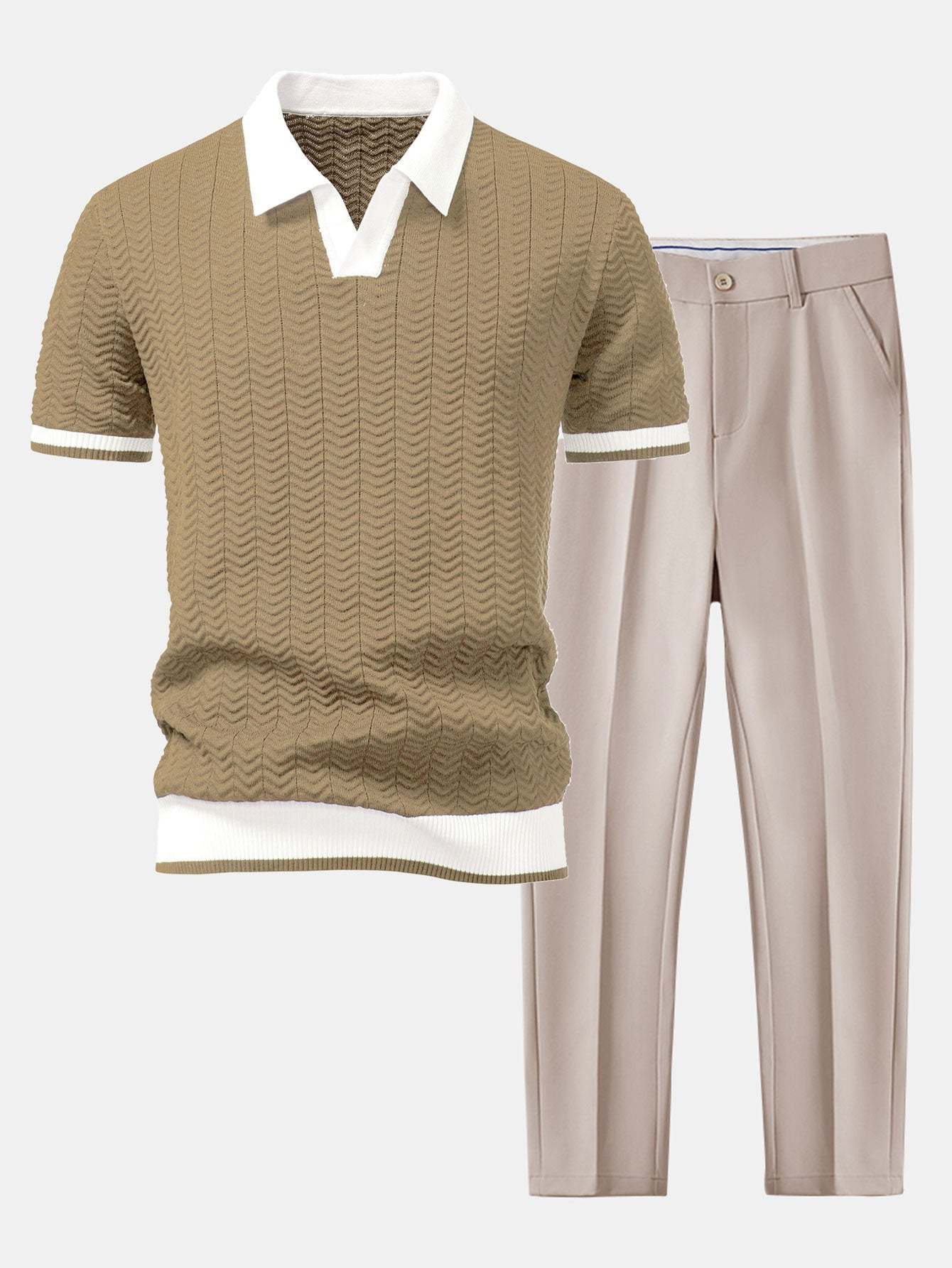 Texture Contrast Knitted V Neck Polo Shirt & Slim Fit Tapered Trousers