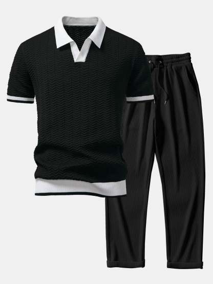 Texture Contrast Knitted V Neck Polo Shirt & Straight Leg Ribbed Pants