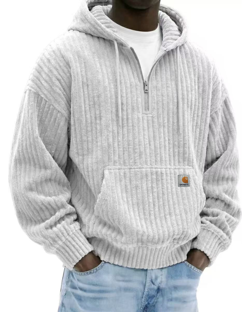 Heavyweight Corduroy Men's Hoodie – Solid Color, Relaxed Fit, Zip-Up Sweatshirt
