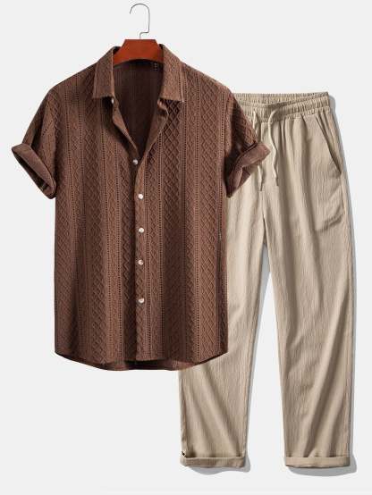 Geometry Rhombus Jacquard Button Up Shirt & Crinkle Textured Straight Leg Pants