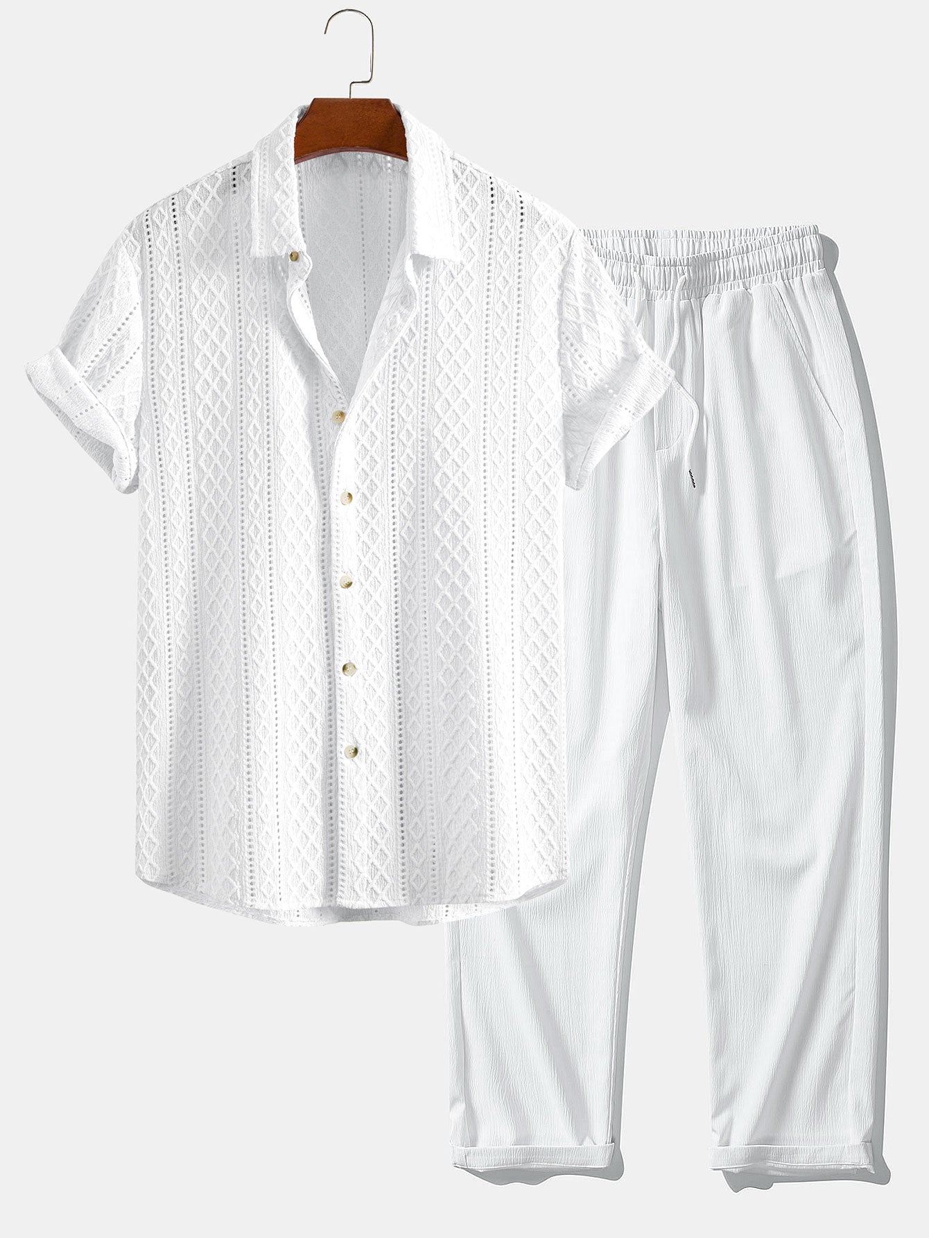 Geometry Rhombus Jacquard Button Up Shirt & Crinkle Textured Straight Leg Pants