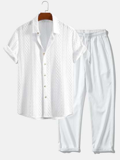 Geometry Rhombus Jacquard Button Up Shirt & Crinkle Textured Straight Leg Pants