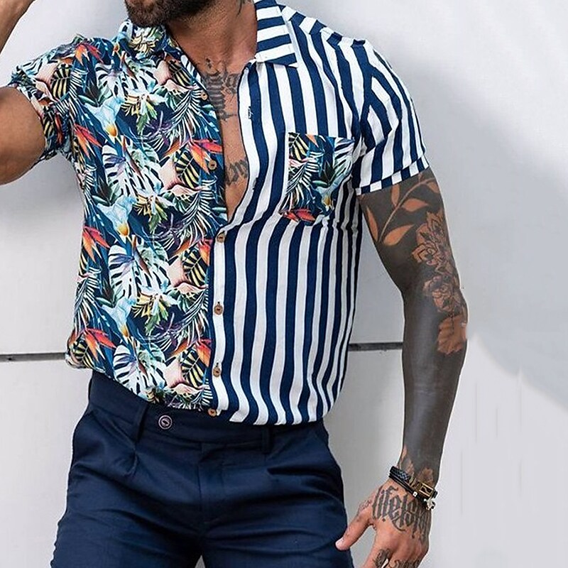 Men's Shirt Other Prints Striped Color Block Palm Leaf Classic Collar