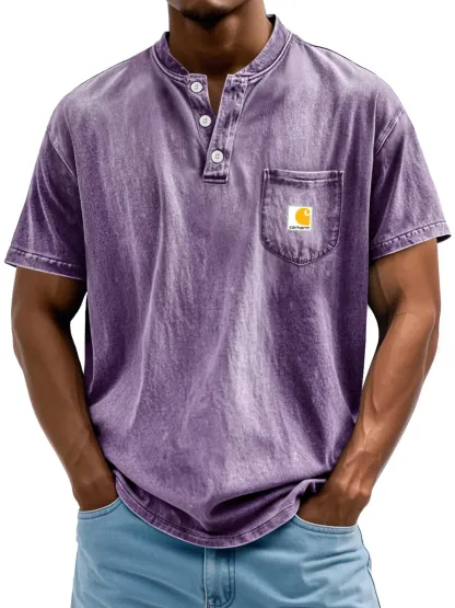 Carhartt Men's Retro Stand Collar Pocket Casual Solid Color Short Sleeve Henley Shirt